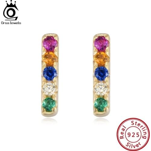 ORSA JEWELS 925 Sterling Silver Rainbow Zircon Stud Earrings For Women Multi-Color Ladies Party Earrings Jewelry Gifts EQE39
