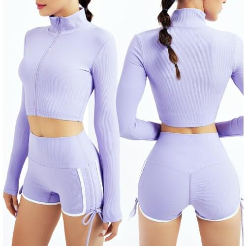 2PCS Seamless Women Yoga Set Workout Sportswear Gym Clothing Fitness Long Sleeve High Waist Shorts Sports Suits