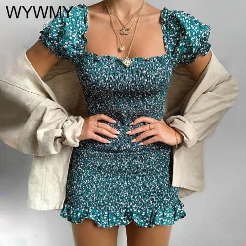 WYWMY Retro Green Floral Print Fashion Women Sundress Summer Mini Dresses Puff Sleeve Square Collar Sexy Ruffles Party Dress