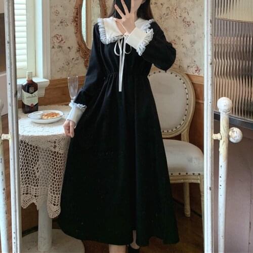 Vintage Dress Women Sweet Lace Peter Pan Collar French Elegant Long Sleeve Lace-Up Fairy One Piece Dress Korean 2021 Spring Chic