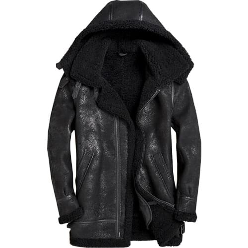 100% Real Sheepskin Fur Coat Genuine Sheep Shearling Long Jacket Male Winter Warm Hat Detachable Outwear Black Men Fur Overcoat