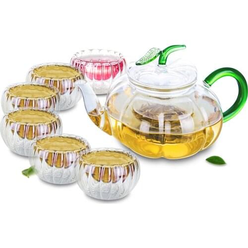 1x Kung fu Coffee Tea Set-690ml Pumpkin Shape Heat-Resisting Glass Tea Pot with infuser Green Lid+6*35ml Pumpkin Cups