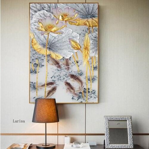 New Chinese Style Abstract Gold Lotus Carp Canvas Painting Wall Art Poster Cuadros Modern Wall Decor Pictures for Living Room