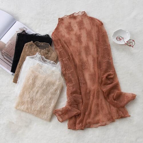 Bella Philosophy Wonder Spring Long Sleeve Turtleneck Lace Shirt Sexy Blouse lady Slim Blouse Perspective Mesh female Shirts Top