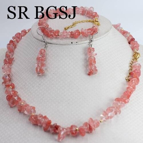 Free Shipping 6-8mm Cherry Quartz Natural Gems Women Chockers Necklace Bracelet Jewellry Set 17.5" 7-8"