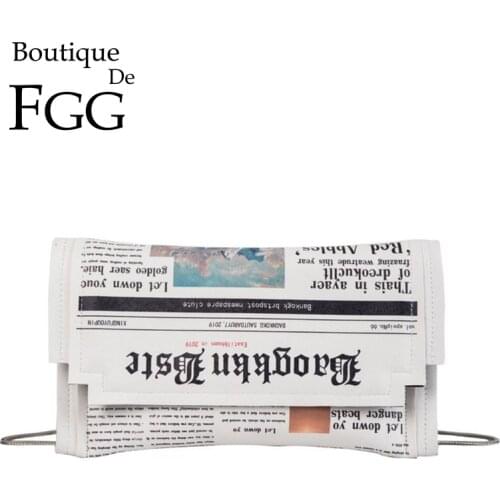 Boutique De FGG Novelty Designer Newspaper Flap Women Fashion Messenger Bags Chains Shoulder Crossbody Purses and Handbags