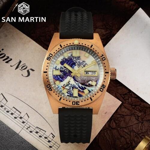 San Martin 62Mas Diver Watch Full Luminous Surfing Dial Cusn8 Bronze NH35 Mens Mechanical Watches Sapphire 200m Automatic Watch
