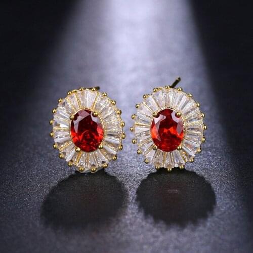 Ekopdee Round Red Cubic Zircon Crystal Cut Flower Stud Earrings for Women Vintage Bling CZ Wedding Earrings Fashion Statement