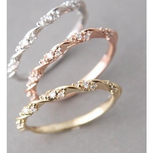Womens Exquisite Thin Twisted Rhinestone Ring Gold Gift Ring Diamond Elegant Single Ribbon Anniversary Engagement Wedding Ring