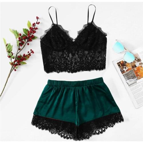 2pcs Sexy Lingerie Pajama Set Black Lace Sling Large Sizes Summer Sleeveless Green Pijama Womens Sleepwear Outfits Hot Sale