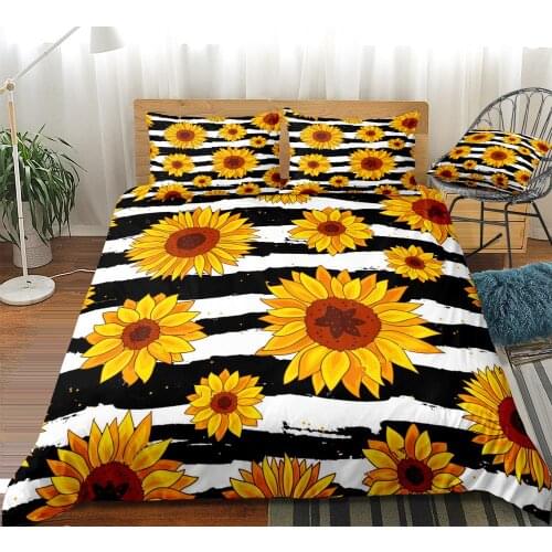 Yellow Sunflowers Bedding Set King Black White Stripe Duvet Cover Set Floral Bed Set Microfiber Home Textiles Queen Dropship
