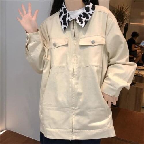 Womens Jacket Cow-stripe Turn-down Collar Pocket Decoration Long Sleeves Loose Coat Wholesale 2022 New Fashion Lady Clothing