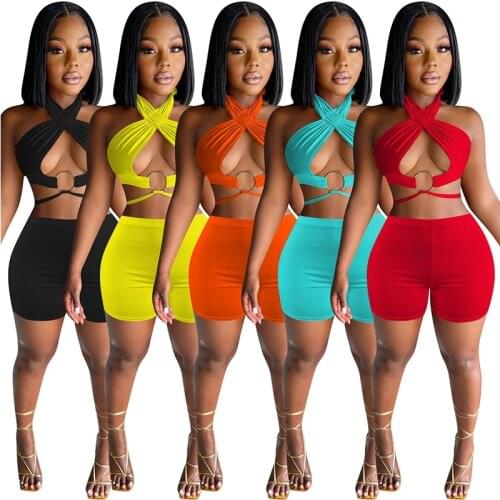 2021 Summer Fashion 2pcs Set Halter Neck Hollow Out Crop Top And Skinny Shorts Sexy Tracksuits Nightclub Party Matching Set