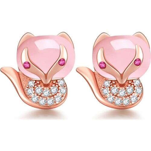 Cute Unique Design Pink Spar Fox Stud Earrings for Women Fashion Engagement Rose Gold Color Ear Studs Female Jewelry
