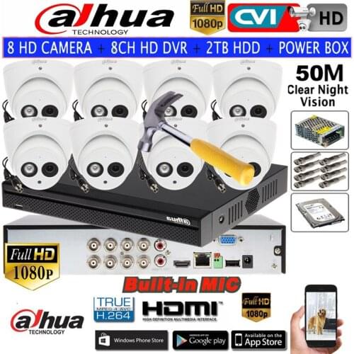 Mutil language Dahua 2MP CVI Dome camera Built-inMic HDW1200EMP-A Security waterproof IR camera 8CH XVR kit HDD with power box
