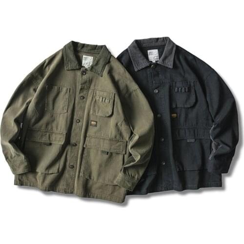 083-Z65 Spring Autumn Men Corduroy Cargo Jacket Fashion Chic Loose-Fit Multi-Pocket Vintage Simple Army Green High Quality Coat