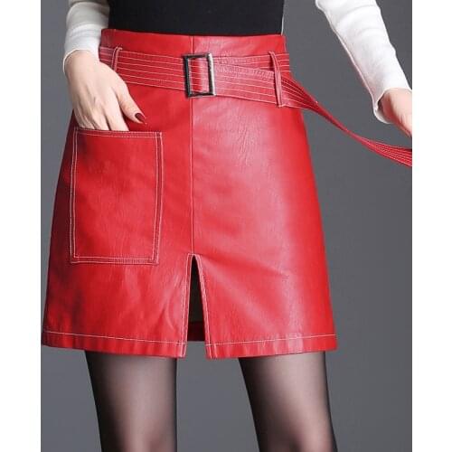 New High Waist Skirt Mini Sexy Short Skirts Black Red Sash Skirt Elegant Leather Skirts Women Slit Skirt With Pockets Plus Size