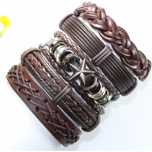 Wholesale Genuine Leather Bracelet Set For Men Braided Bracelets & Bangles Wrap Bracelets Women Vintage Punk Casual Men Jewelry