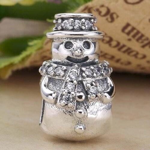 Original Sparkling Christmas Snowman With Crystal Beads Fit 925 Sterling Silver Charm Women Bracelet Bangle DIY Jewelry