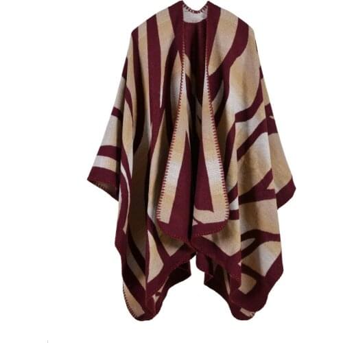 Autumn Winter 2021 Women Deversible Camouflage Knitted Thick Oversize Cashmere Poncho Cardigans Sweater Capes Shawl Coat