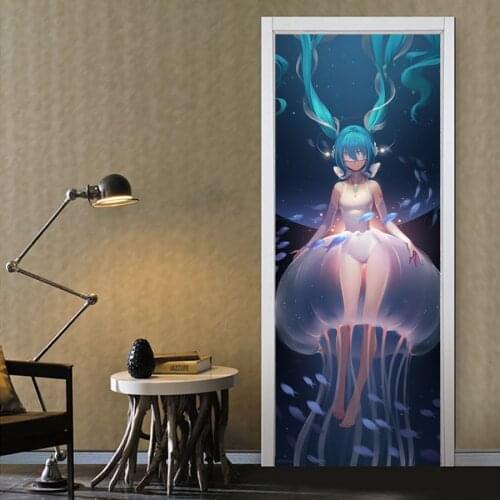 PVC Waterproof Self-adhesive Door Stickers Wall Decor Miku Rem Ram 3D Photo Mural Wallpaper LivingRoom Bedroom Decor Wall Decals