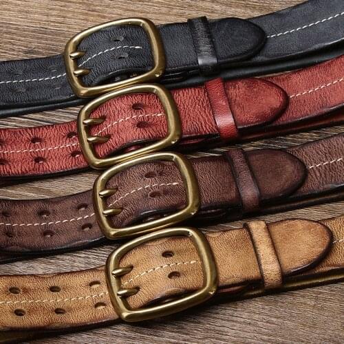 Cowskin Genuine Leather Brass Copper Double Needle Pin Buckle Luxury Thick Retro Leather Belt Men Mens Jeans Designer Belt
