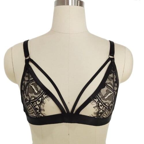 Sexy Black Lace Perspective Cage Bra Women Body Harness Crop Top Bondage Lingerie Pole Dance Rave Wear Fetish Harness Bra