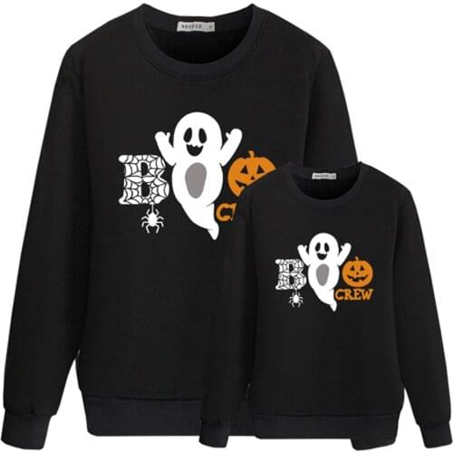 Family Matching Sweatshirt Mother and Daughter Long-sleeved Round Neck Ghost Print Pullover Halloween Autumn Cotton Clothes