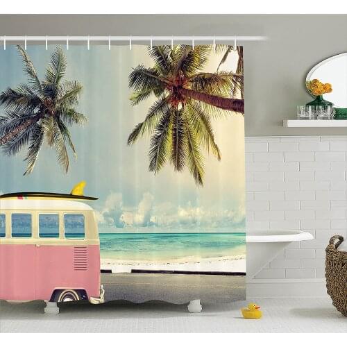 Surf Shower Curtain Minivan on The Beach Retro Inspired Vocation Theme Clouds in Summer Sky Honeymoon Bathroom Accessories
