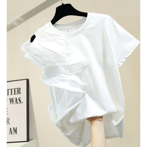 Stereo Flounced Short Sleeve T-shirt Womens Fashion Crew Neck Pullover Tee Tops Girls Ladies Tshirt Ladies Tops Ropa Mujer