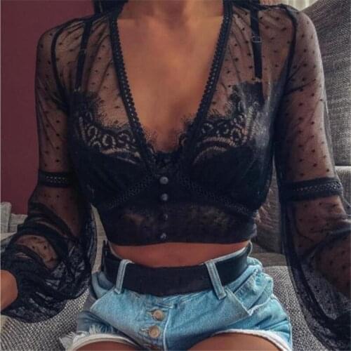 Ladies Lace See-through Blouse Polka Dot Lantern Sleeve V-Neck Button Crop Tops Women Casual Sexy Shirt Top S-XL