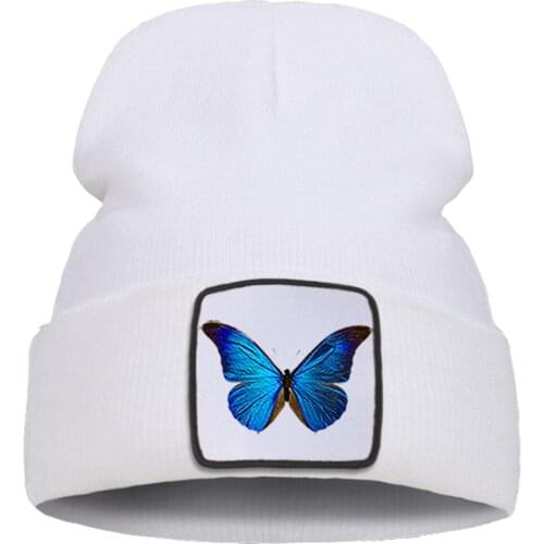 Women Soft Wool Unisex Cap Sport Beanie Cap Warm Hot Sale Fashion Brimless Hats Beautiful Blue Butterfly Cute Print Knitted Hat