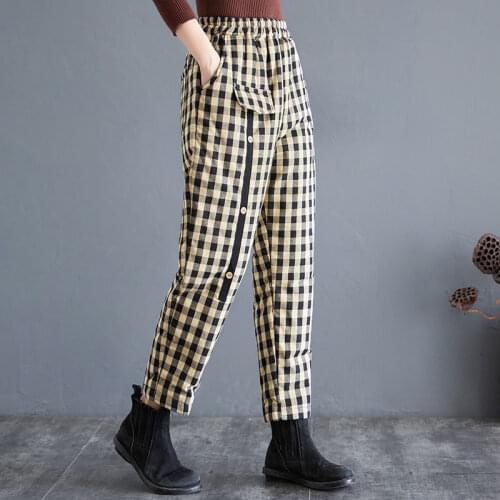 Women 2021 Autumn Winter Plaid Pants Womens Harem Pants Capris High Waist Large Size Casual Loose Cotton Linen Trousers Y621