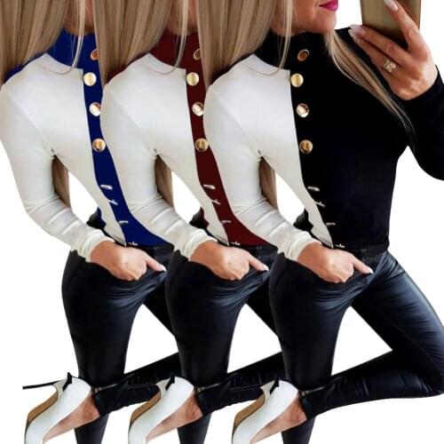 Women Autumn Patchwork Long Sleeve Turtle Neck Button Pullover Shirt Blouse Top Perfect to match with all variety of jeans coats