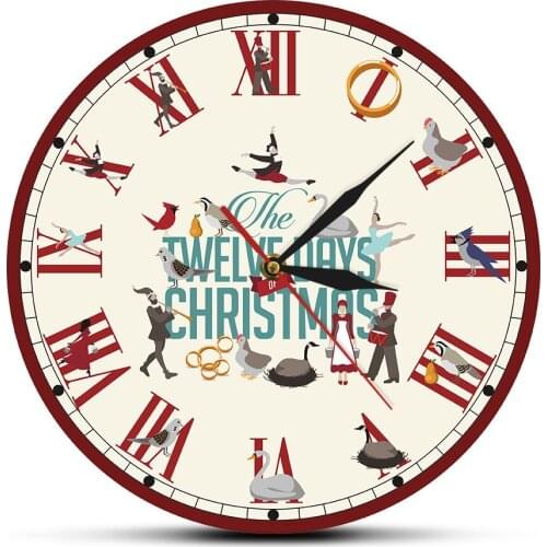 Twelve Days of Christmas Roman Numerals Retro Wall Clock Holidays Christmas Home Decor Hanging Red Clock Silent Sweep Wall Watch
