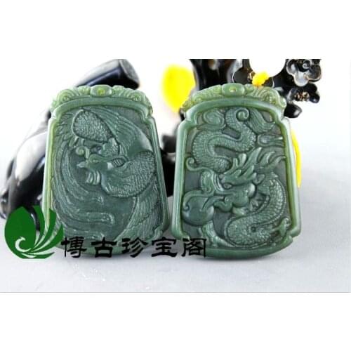 2* Natural Cyan Jadeite Green jade pendant Dragon Phoenix amulet