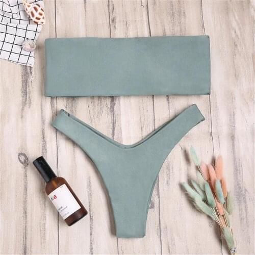 2020 Solid Bikini Brazilian Swimsuit Women Bikini Set High Waist Green Bandeau Bikinis Set High Quality Bathing Suits with Pad