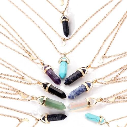 2021 Fashion Hexagon Necklace Natural Crystal Bullet Stone Crystal Moon Pendant Necklace Jewelry Gift Free shipping