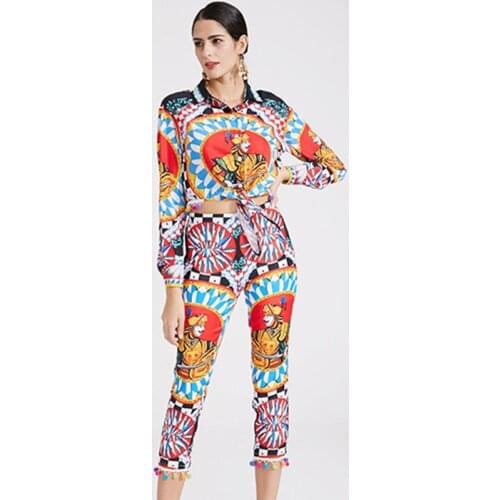 2021 Autumn Two Pieces Set Women Long Sleeve Shirt+High Waist Pants Warrior Printed Vintage Suits