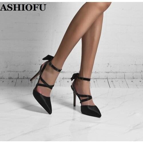 ASHIOFU Handmade New Womens High Heels Sandals Satin Bow-tie Slingback Party Prom Shoes Sexy Evening Black Fashion Sandal Shoes