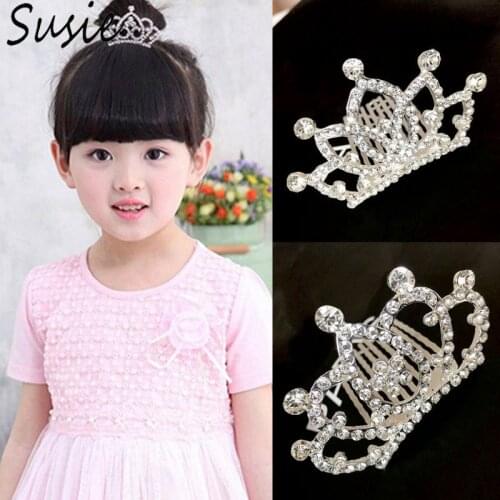 Children Girls Glitter Rhinestone Crown Hairgrip Princess Bow Small Hairpin Mini Tiara Hair Comb Clips Women Wedding Party Favor