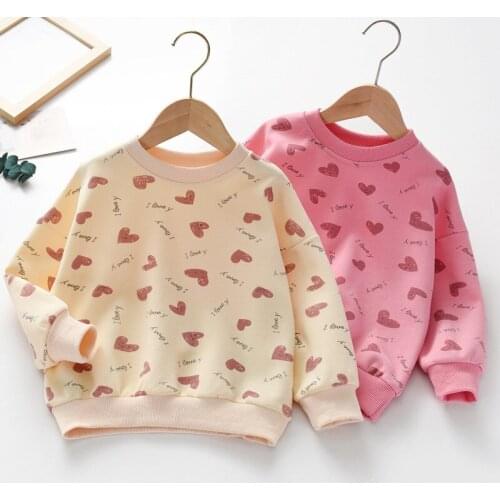 Kids Girls Sweatshirts Spring Autumn Pink Heart Print Long Sleeve Tops for Children Toddler Clothing