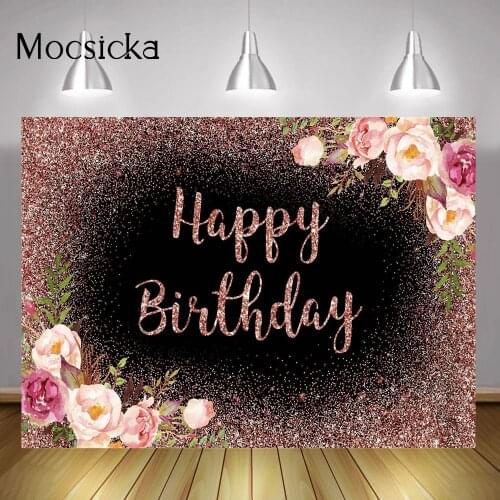 Rose Gold Flowers Happy Birthday Background Glitter Floral Black Birthday Party Background Decoration Photo Shoot Photocall