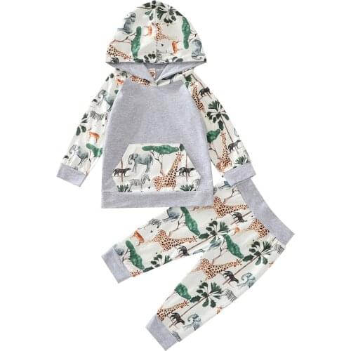 Baby Boys Clothes Set 2021 Autumn Winter Animal Print Long Sleeve Tops Hoodies with Pocket +Pants Casual Loose Kids Outfits