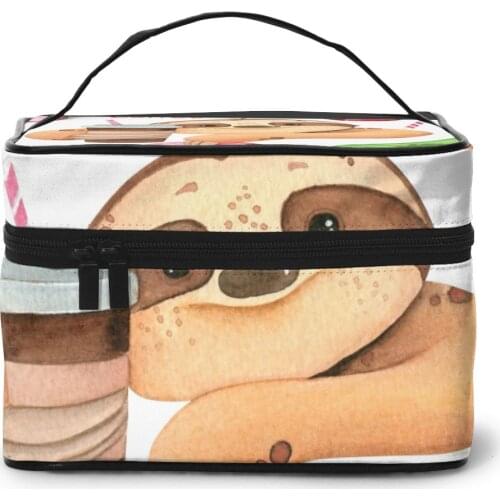 Women Makeup Bags cosmetic bag Toiletries Organizer Travel Storage Bag Watercolor Tropical Sloth With Donut Coffee And Leaves