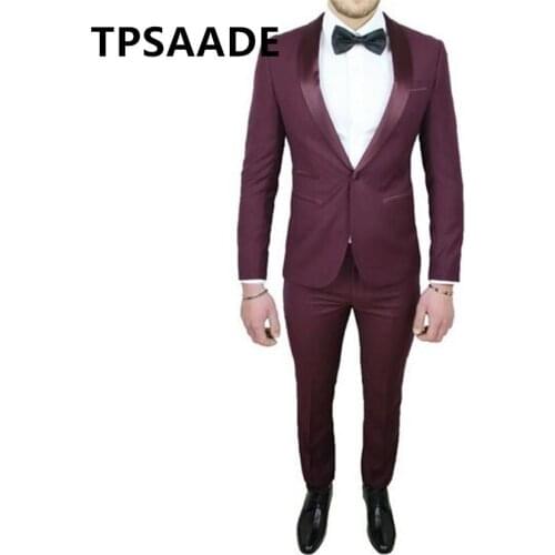 Burgundy 3 Piece Groom Tuxedos Suit Formal Wedding Business Suit Custom Plus Size Costume Homme Coat Blazer