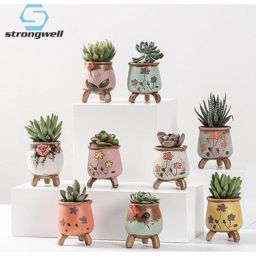 Strongwell Mini Cute Floret Ceramic Succulent Flower Pot Hand-painted Planter Bonsai Home Office Decoration Potted Crafts