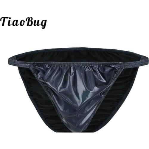 Men Underpants Navy Blue Shiny Ruched Faux Leather High Cut Low Rise Bikini Briefs Gay Swimwear Panties Sexy Male Underwear