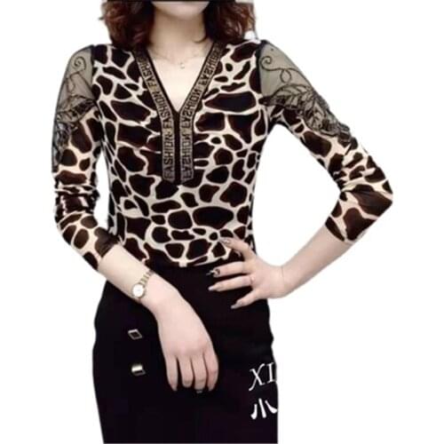 New Arrivals Plus Size Womens Bottoming Leopard T Shirt 6XL Patchwork Female Pullover Spring Autumn Lady Clothes OL Lace Mujer