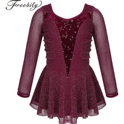 Kids Girls Shiny Stretchy Glitters Velvet Splice Ice Skating Roller Figure Skating Dress Ballet Dance Contemporary Leotard Dress